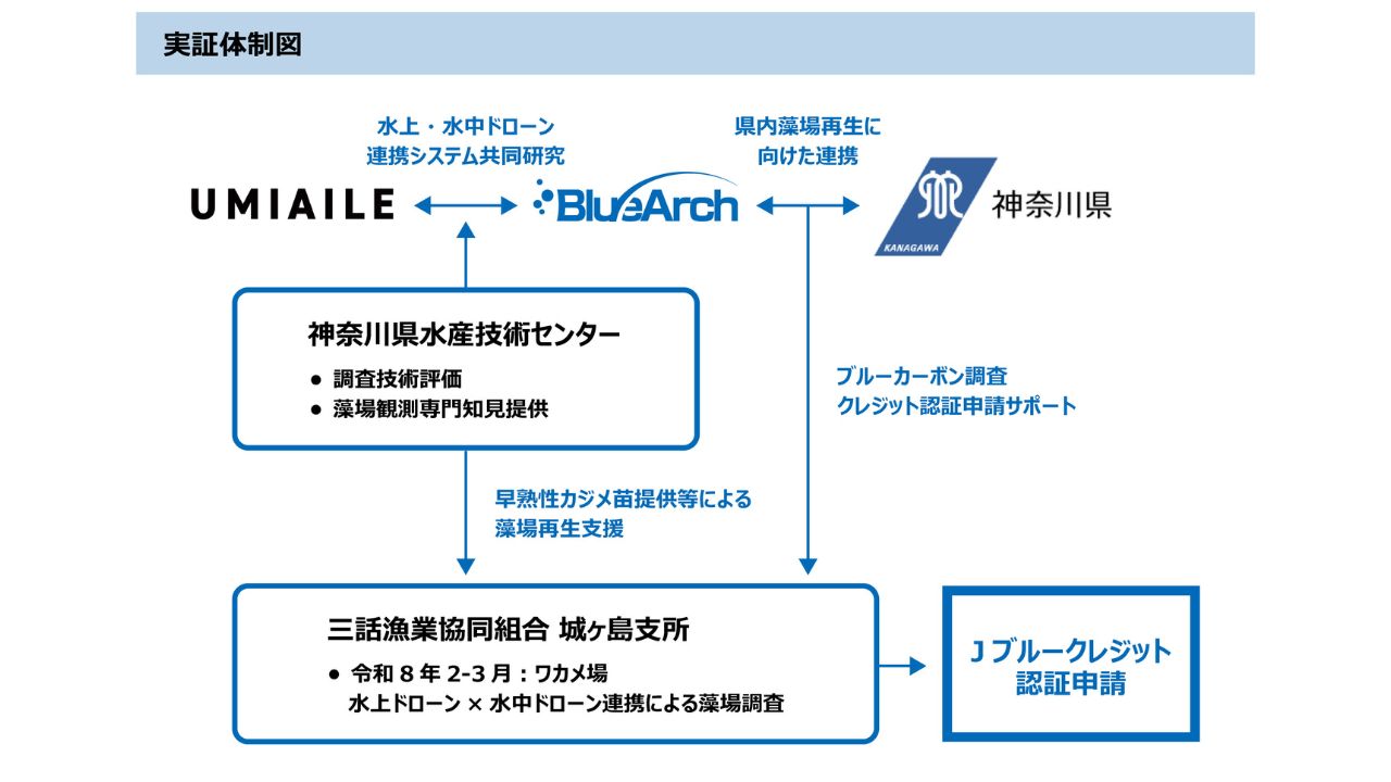 BlueArch、国内初、“水上ドローン・水中ドローン連携技術によるブルーカーボン測定手法”の実証プロジェクトを神奈川県・UMIAILEと開始
