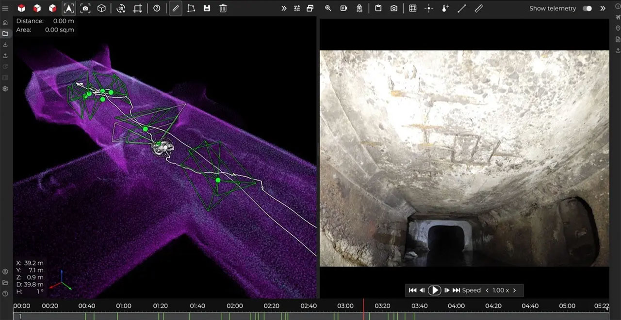 奈良市大宮町2丁目公共下水道内の実際の内部画像(右)と3Dデータ(左)